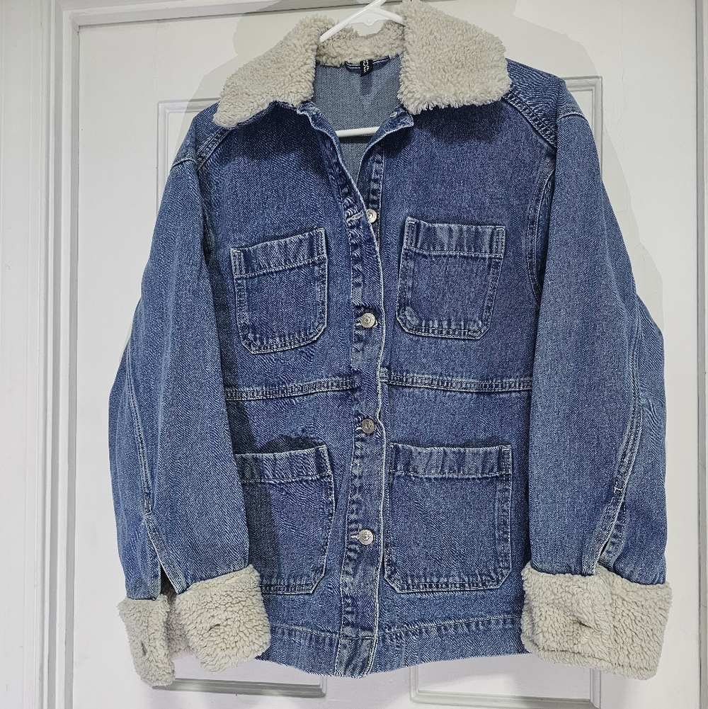 H&M Women's Blue Button Front Sherpa Lined Trucker Jacket Size XS